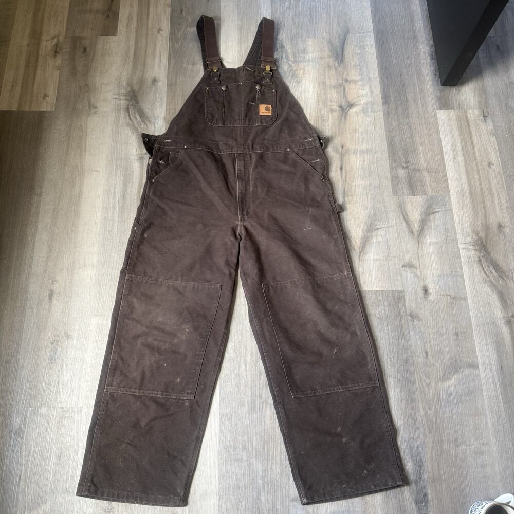 Carhartt Bib Overalls Mens 40x30 Dark Brown Double Knee R06 DKB Vintage Workwear